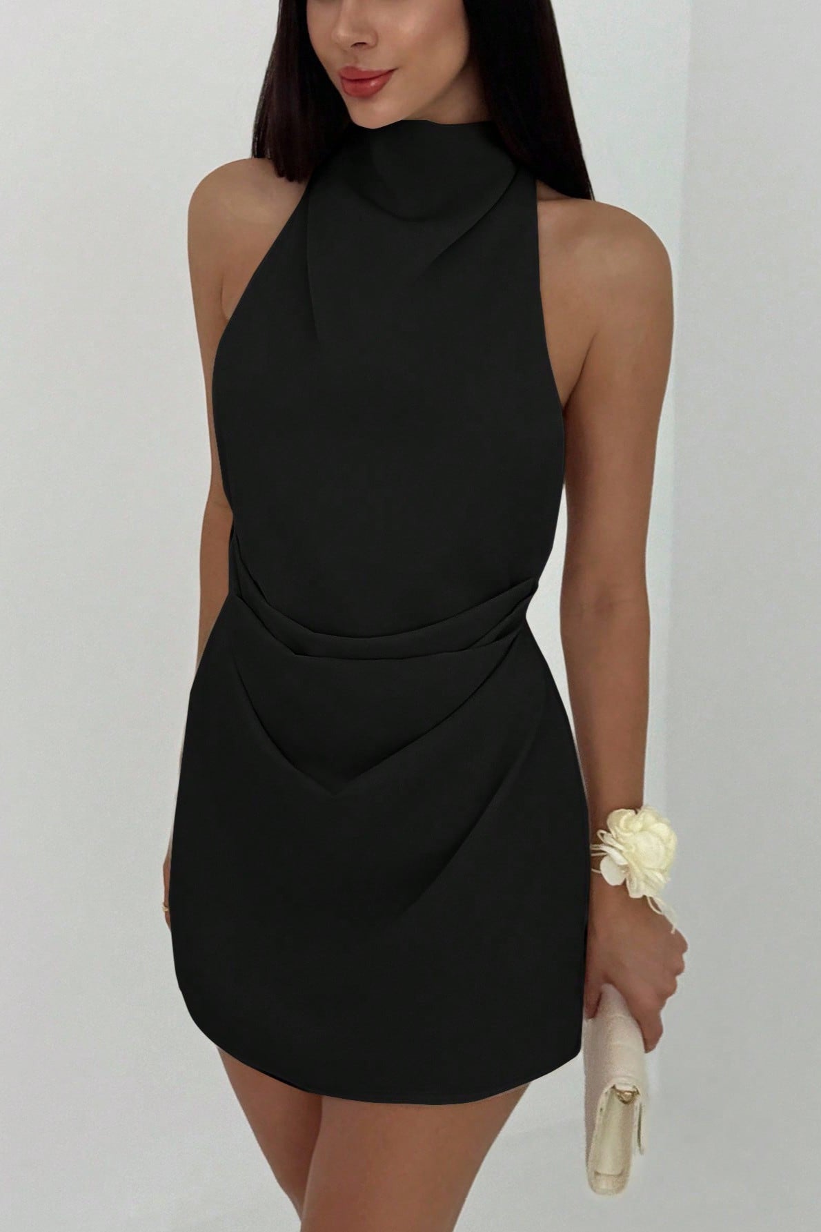 Halter Cross Strap Backless Asymmetric Mini Dress