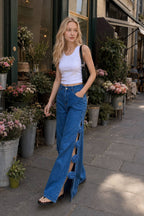 Hand Embroidered 3D Flower Cutout Side Slit Jeans