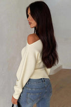 One Shoulder Slit Ribbed Long Sleeve Top