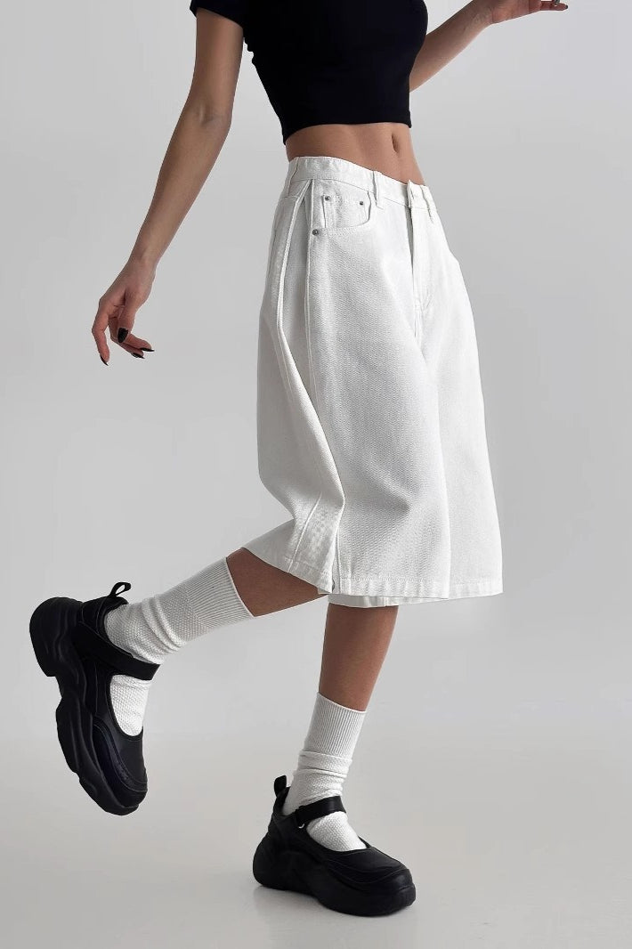 White High Waist Minimalist Wide Leg Denim Shorts