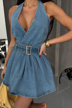 Belted Halter Denim Dress