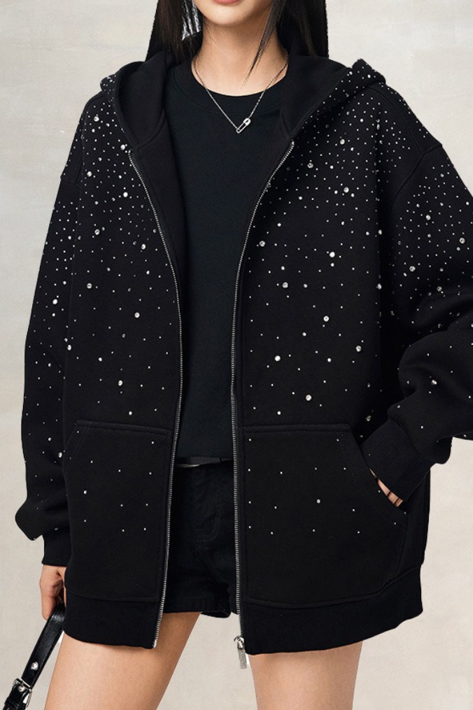 Trendy Rhinestone Air Layer Zip Black Oversized Hoodie Main image