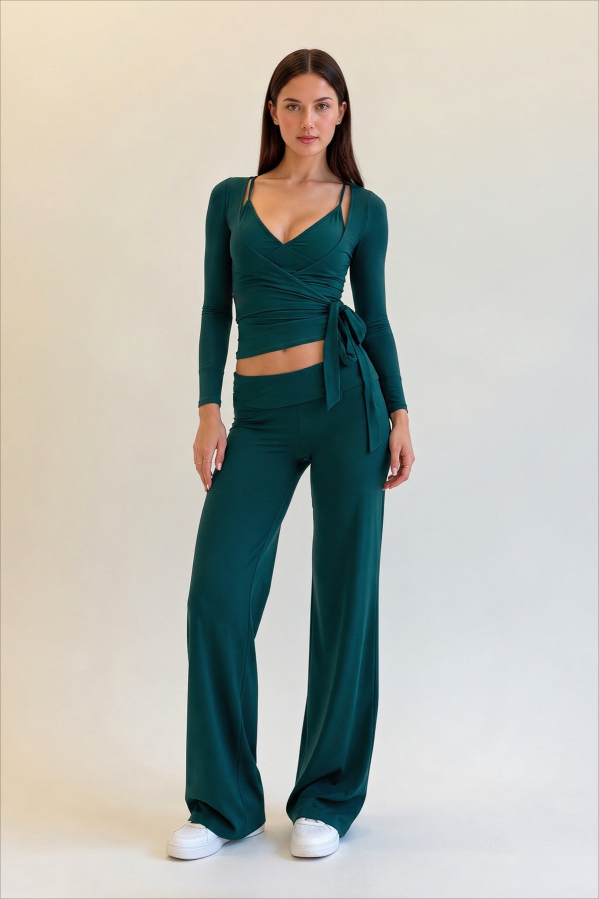 V-Neck Cami Lace-Up Top Pants Three-Piece Set