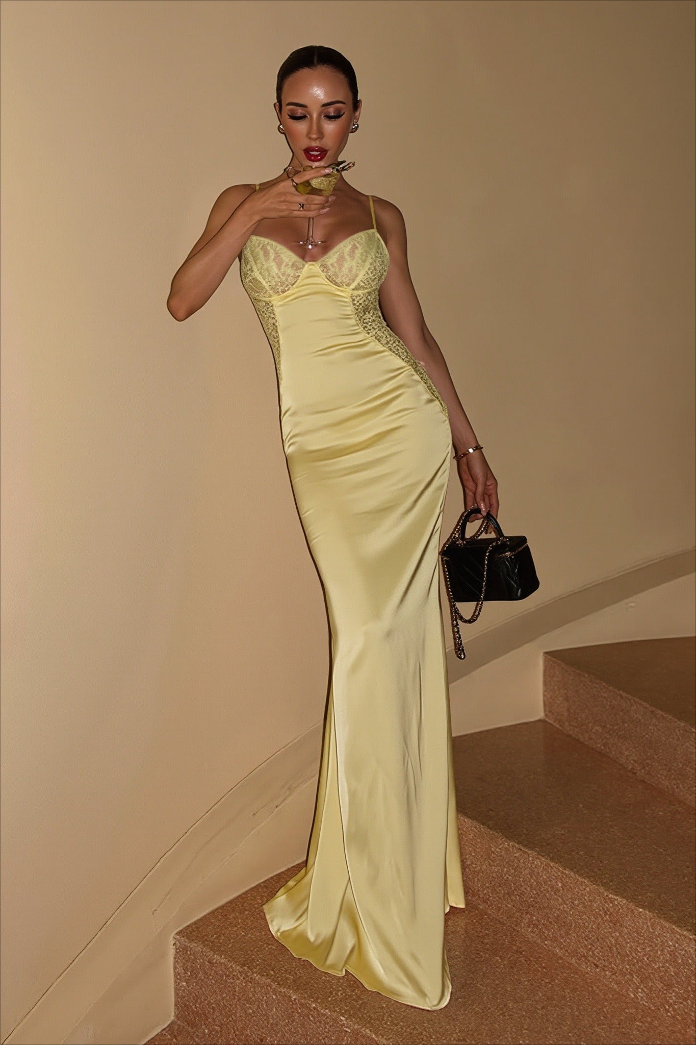Lace Bodice Satin Strappy Maxi Dress