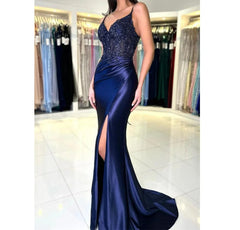 Navy Blue Satin Glitter Prom Dress