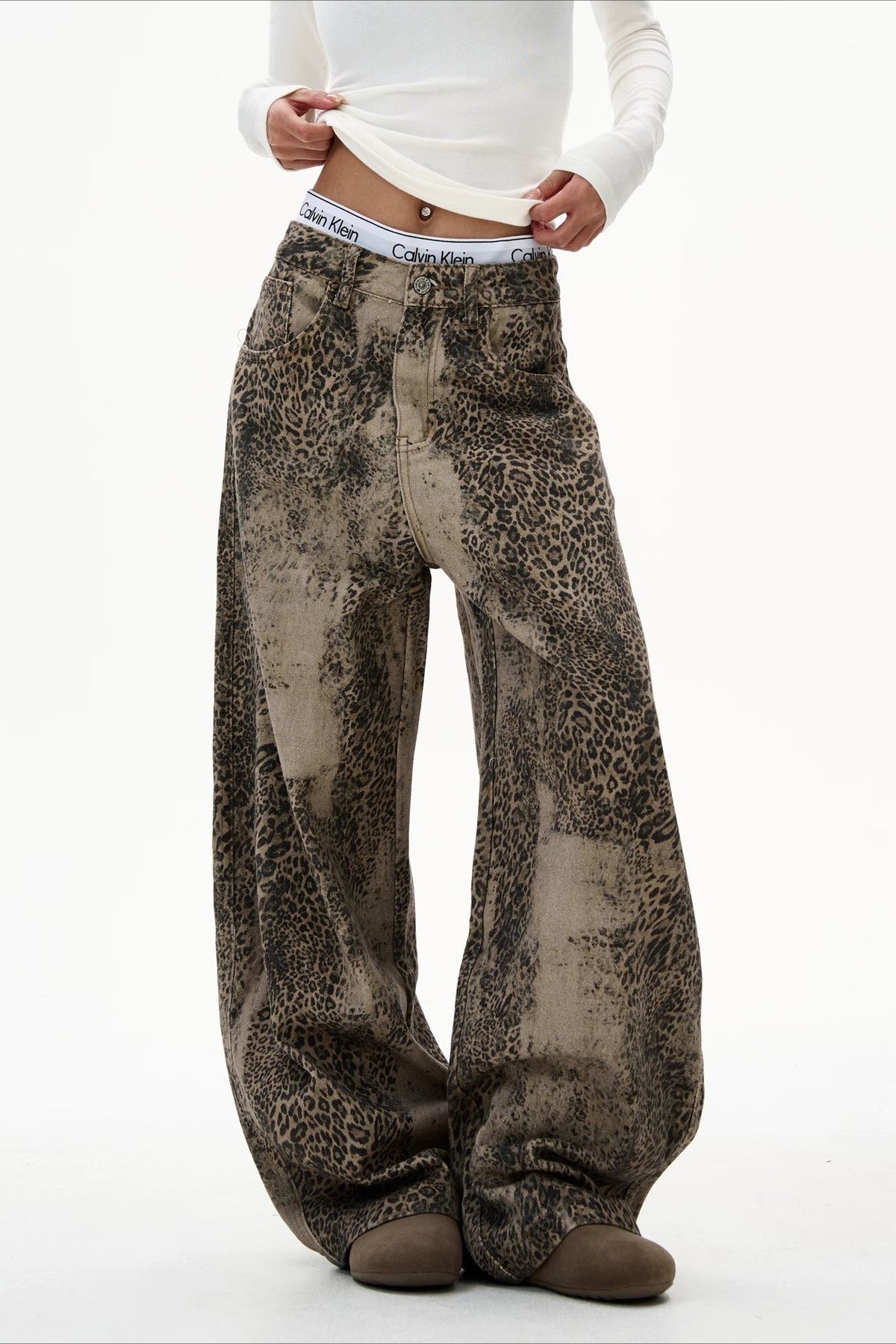 Leopard Washed Barrel Leg Streetwear Jeans
