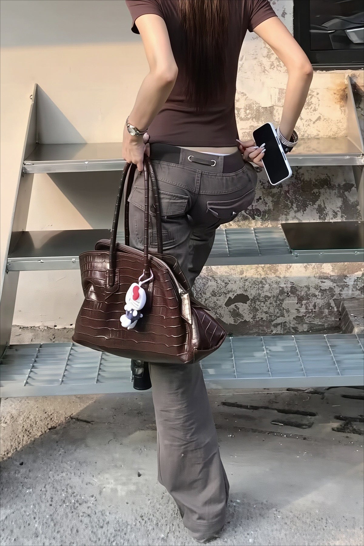Strap Detail Low Rise Straight Leg Cargo Jeans