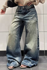 Vintage Washed Splatter Print Bootcut Wide Leg Jeans