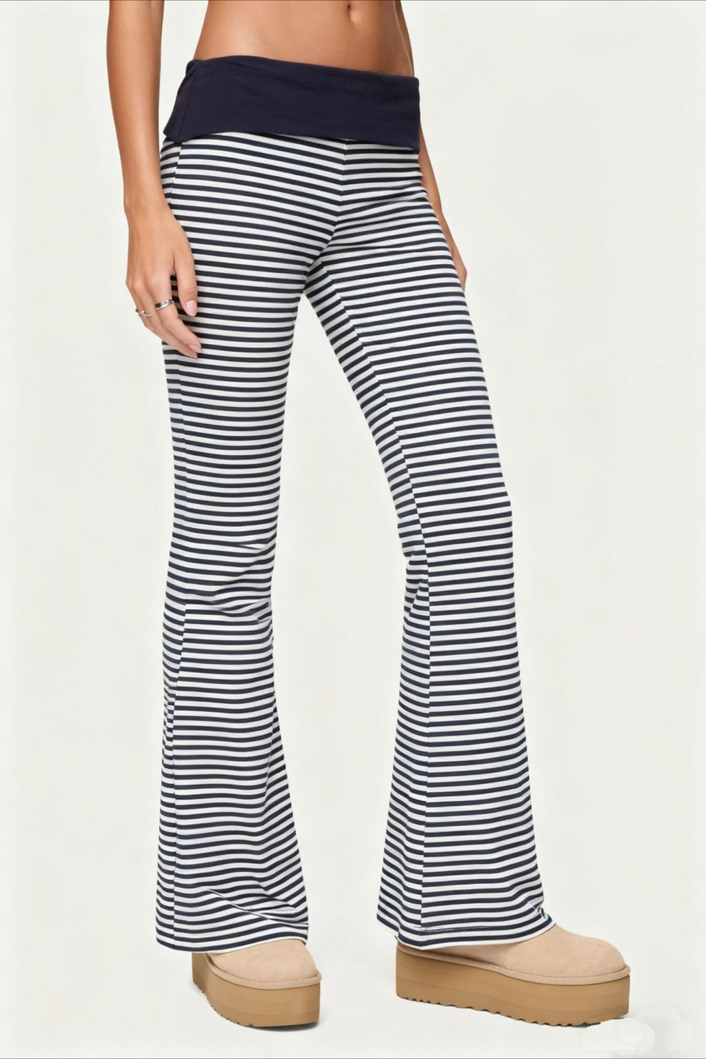 Striped Foldover Waist Flare Leg Pants
