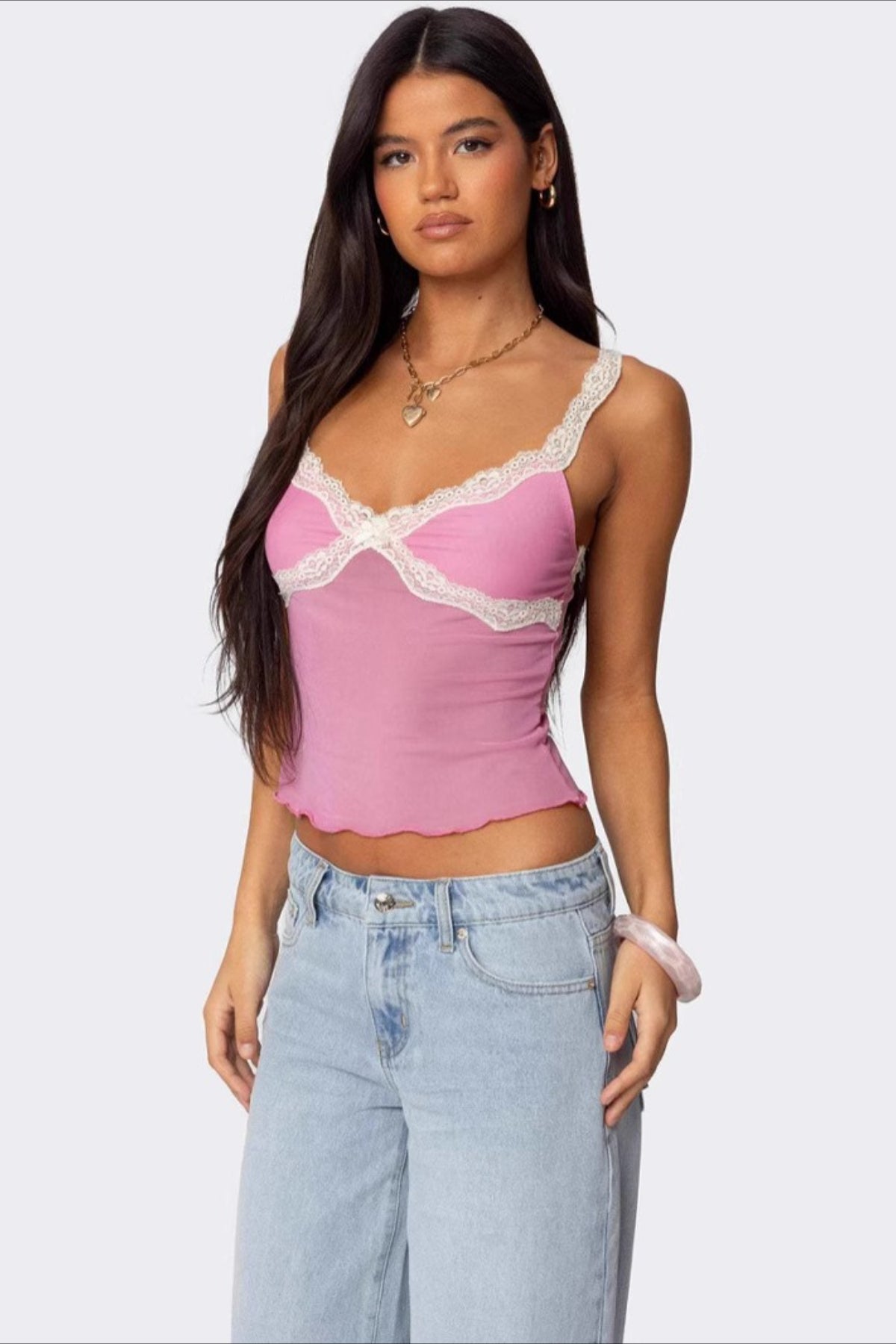 Sheer Mesh Lace Trim Halter Cami Top Main image