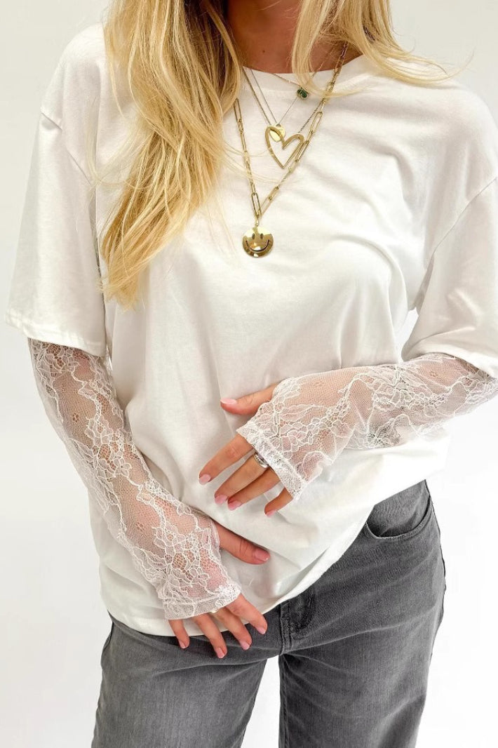 Lace Trim Crew Neck Long Sleeve Top Main image