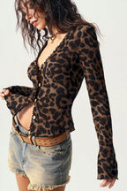 Leopard Print Button Front Long Sleeve T-shirts
