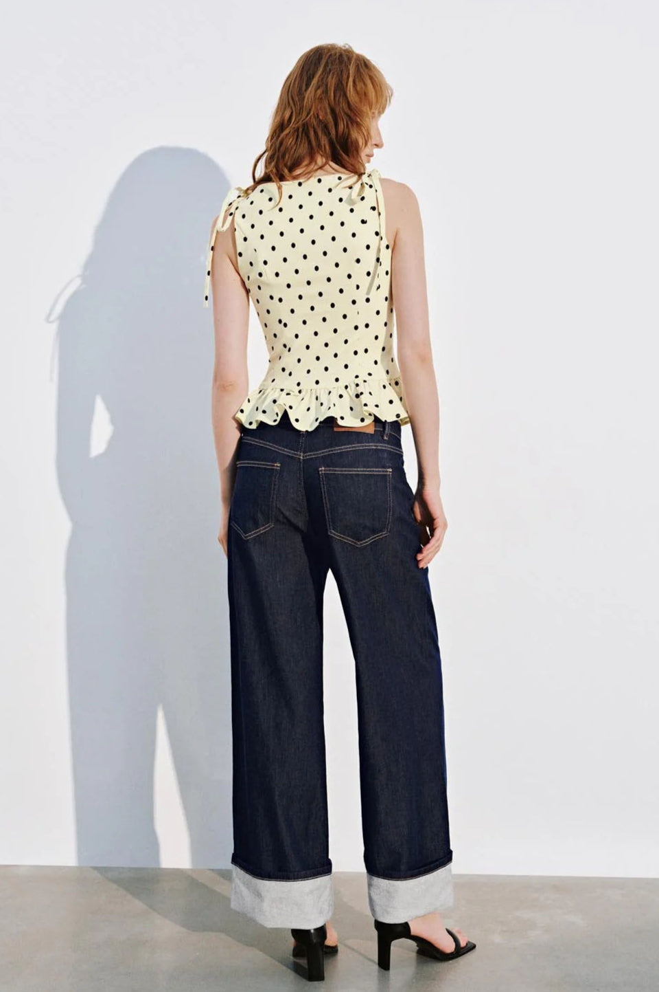 Polka Dot Tie Ruffle Waist Cinched Crop Top