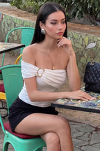 Ring-Detail Off-Shoulder Ruched Crop Top