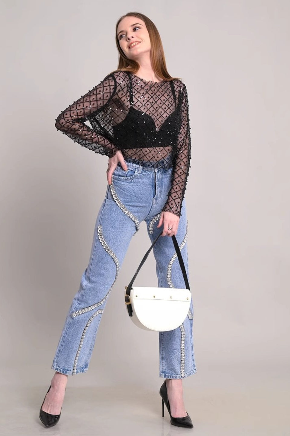 High Waist Rhinestone Panel Wide Leg Straight Jeans Secondary image