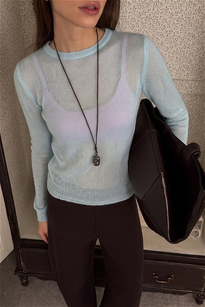 Sheer Round Neck Long Sleeve Knit Top