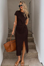 Elegant Short Sleeve Waist Cinched Slit Midi Dress
