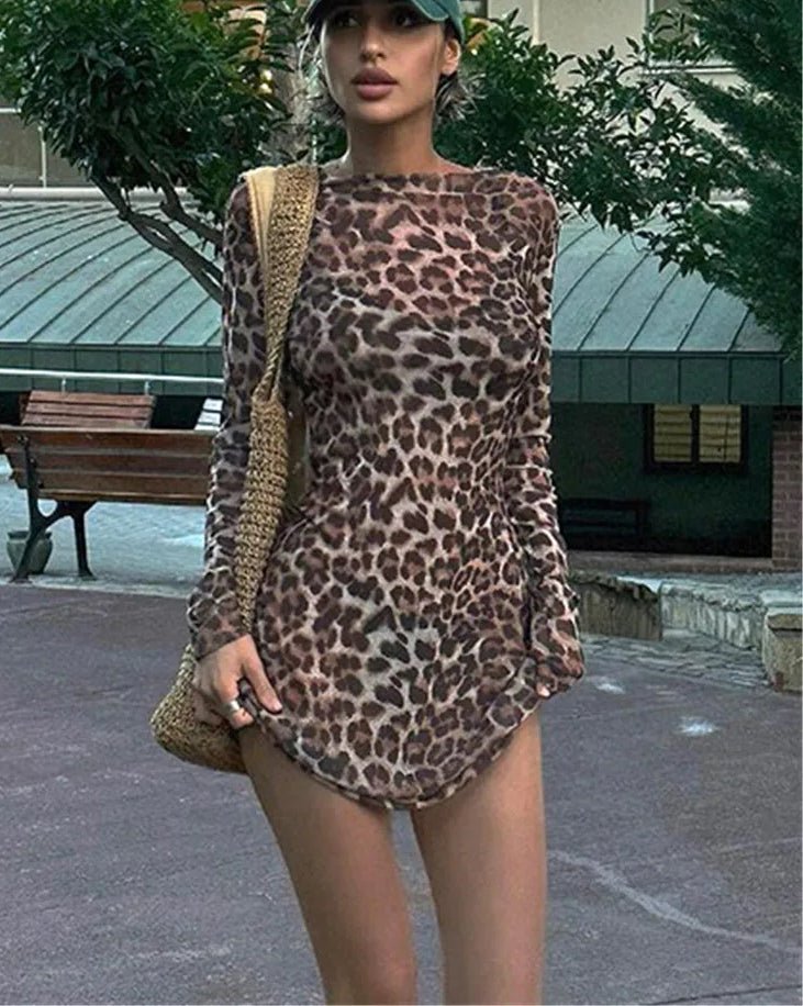 Leopard Two Piece Mesh See Through Mini Dress Main image