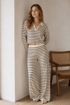 Striped Long Sleeve Pullover Wide Leg Two Piece Set