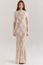 Lace Round Neck Long Sleeve Hollow Slim Lace Dress