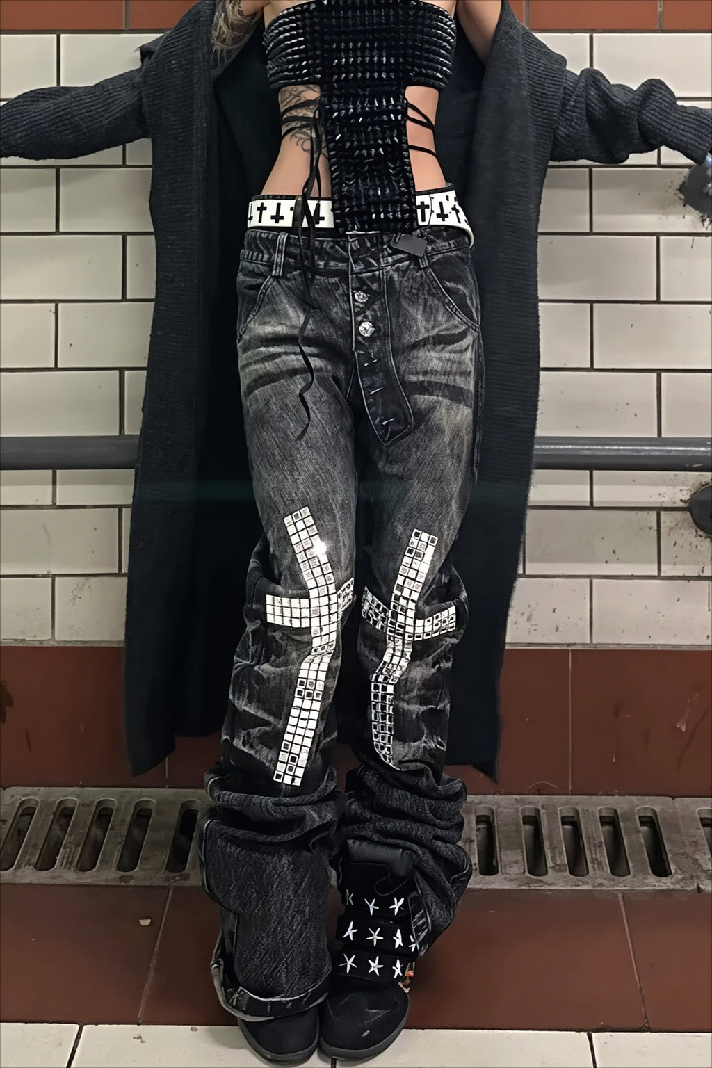 Cross Patchwork Washed Biker Straight Jeans