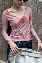 Draped V Neck Mesh Long Sleeve T-Shirt