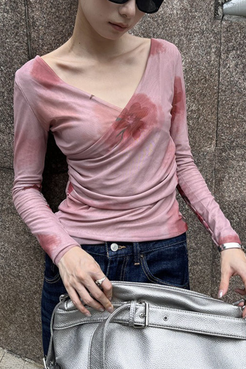 Draped V Neck Mesh Long Sleeve T-Shirt