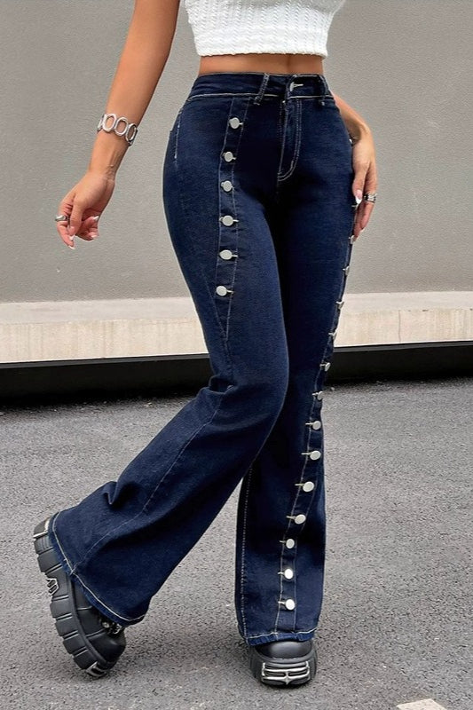 Button Front High Stretch Flare Floor Length Jeans Main image