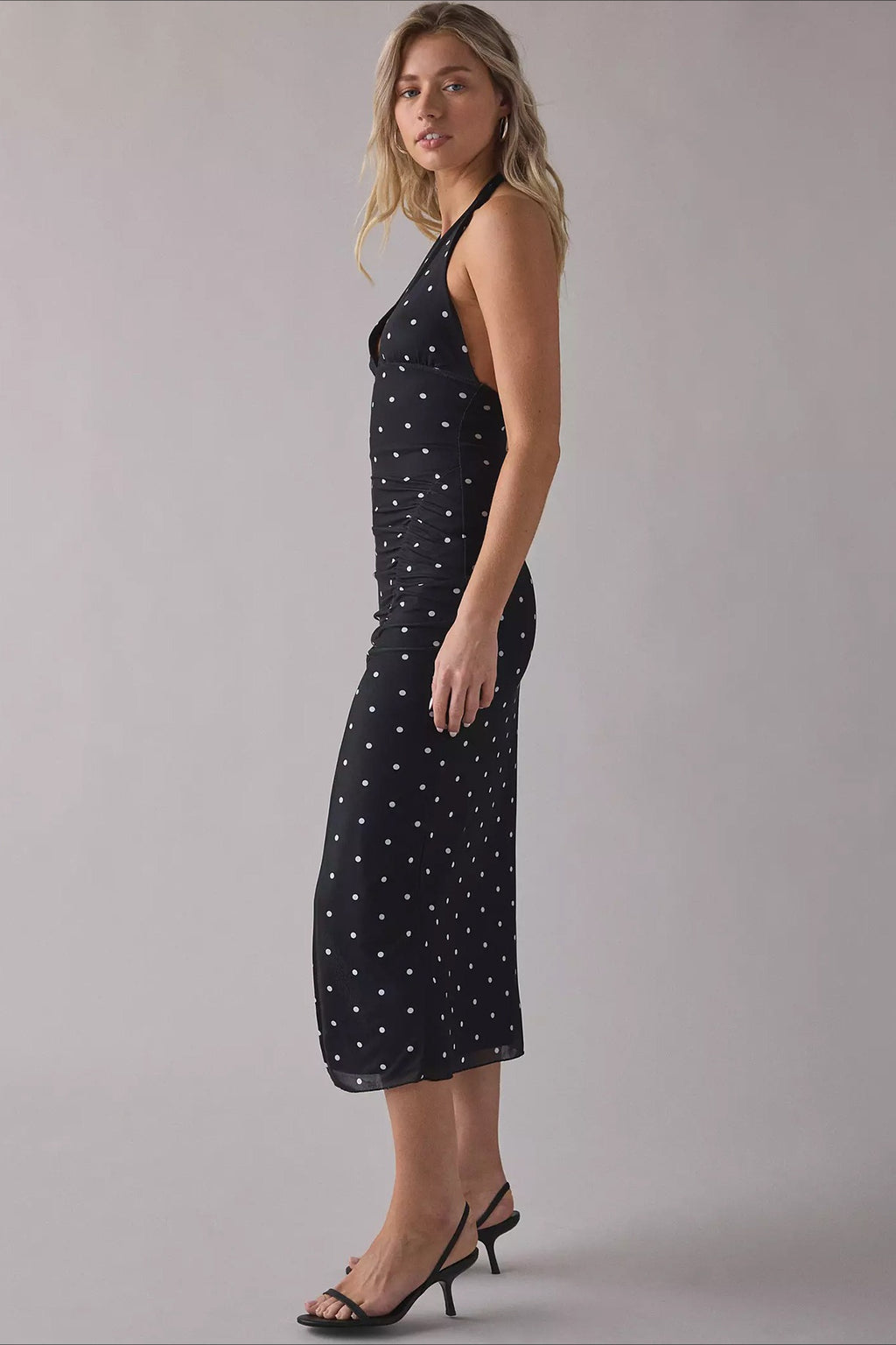 Printed Mesh Halter Side Ruched Slit Midi Dress