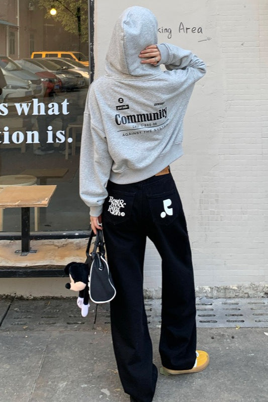 Solid Color Contrast Print Loose Straight Casual Jeans Main image