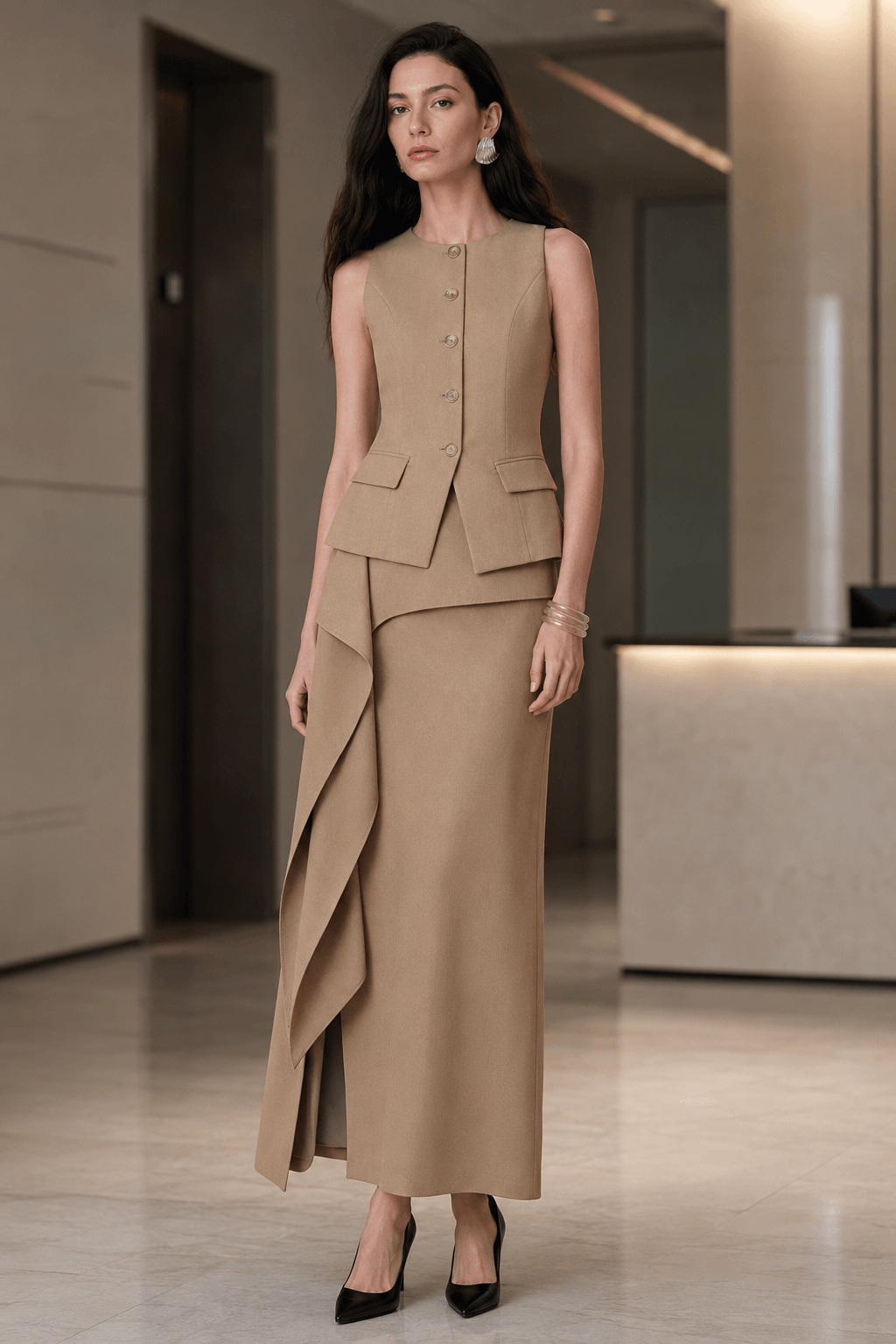 Ruffle Slit Skirt Elegant Two Piece Work Set Main image