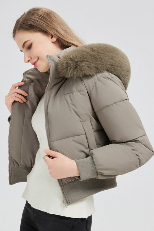 Quilted Cropped Faux Fur Collar Coat Secondary image
