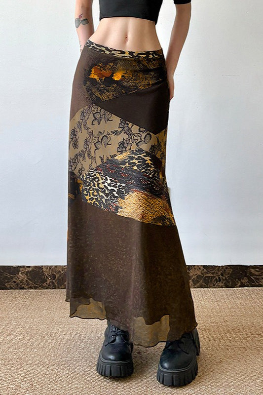 Abstract Print Contrast Waist Sheer Skirt Main image