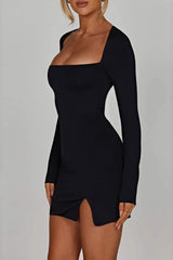 Sexy Square Neck Long Sleeve Slit Bodycon Dress