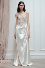 French Strapless Satin Pearl Prom Dress