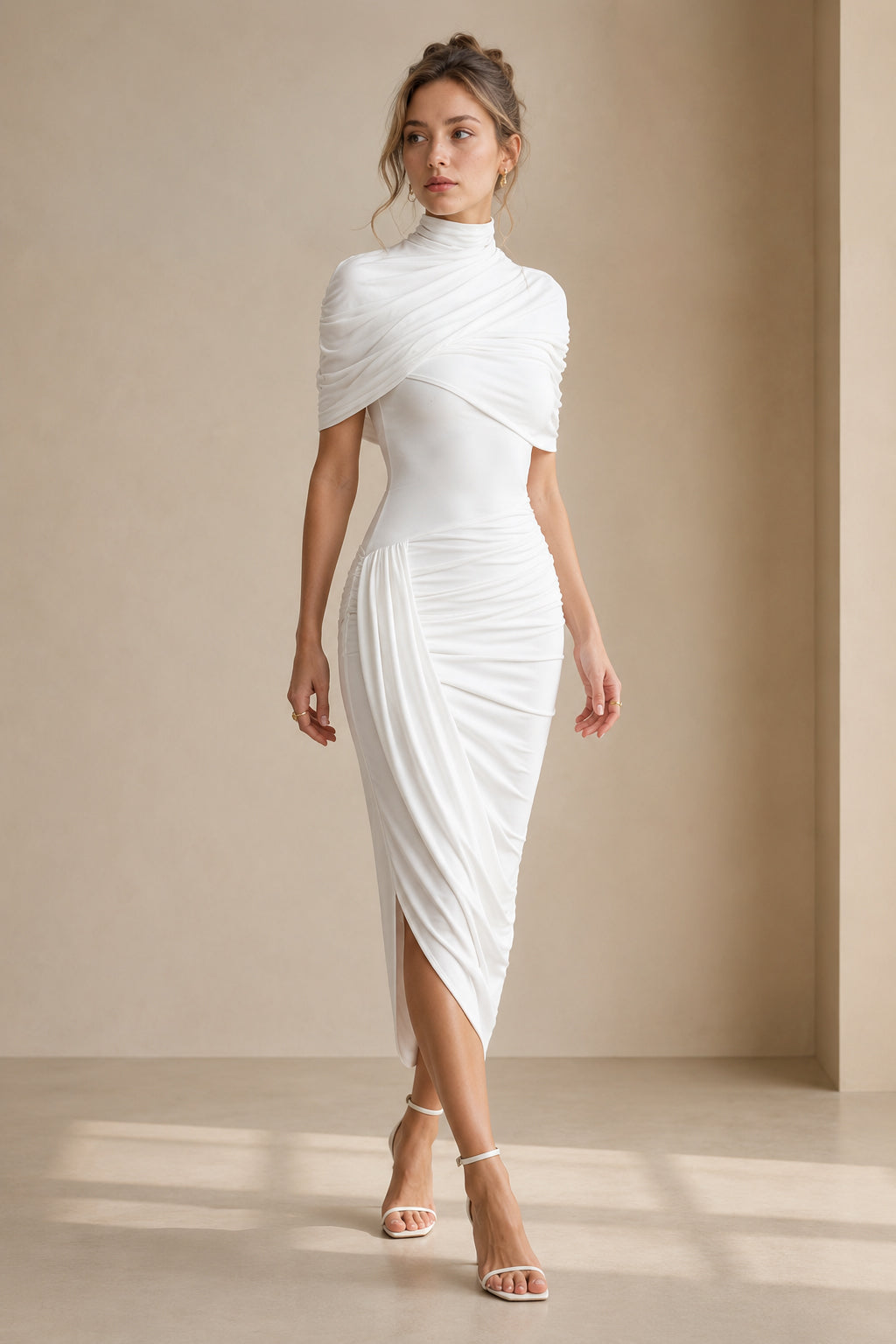 Ruched Turtleneck Midi Dress