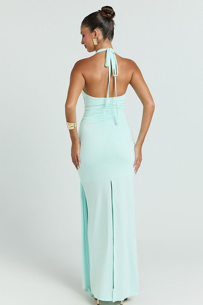 Deep V Halter Ruched Mermaid Party Dress