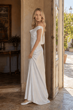 Satin Off Shoulder Backless Tie Waist Slim Fit Long Sexy Prom Dress