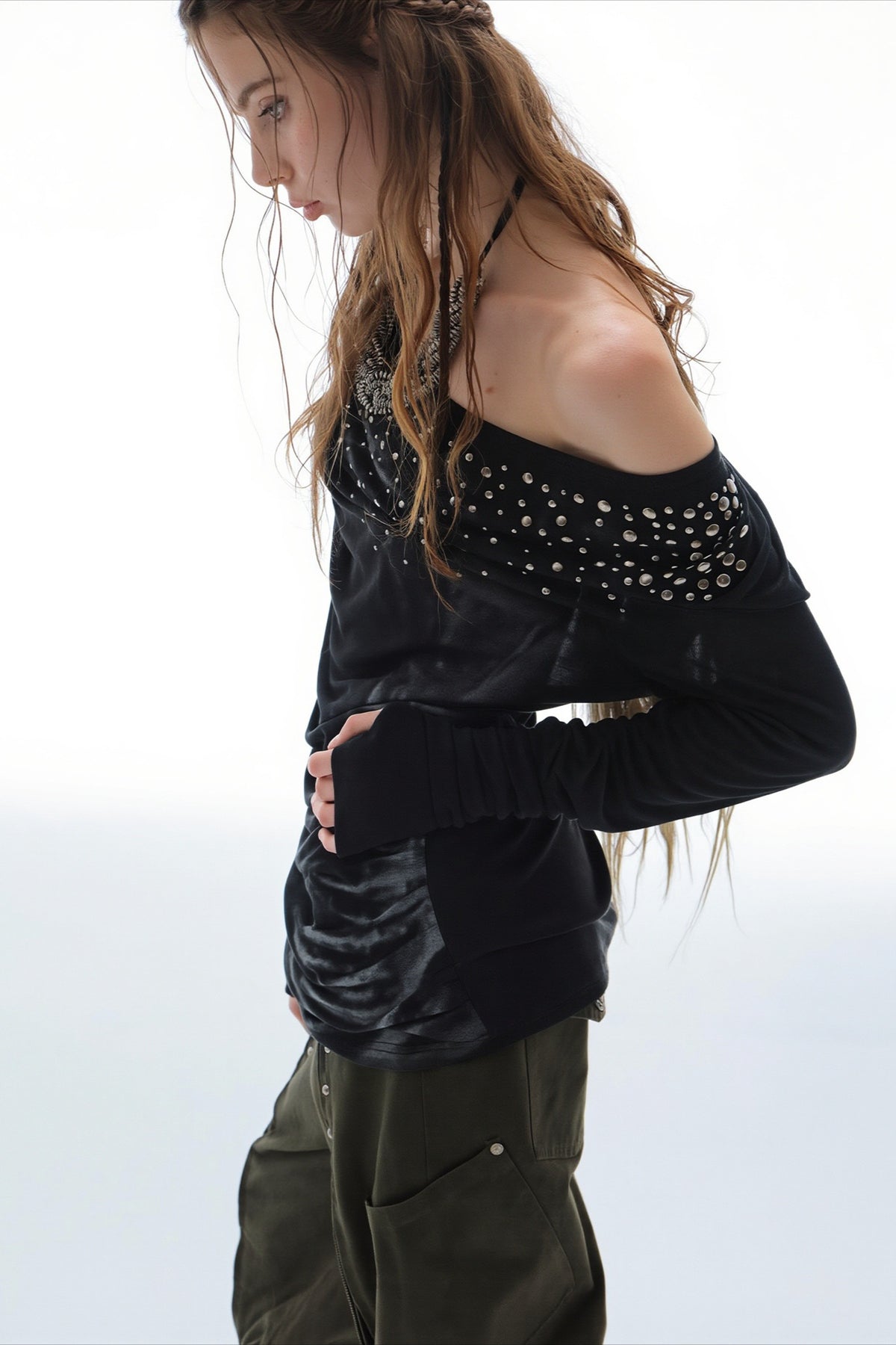 Draped Chain Detail Long Sleeve T-Shirt