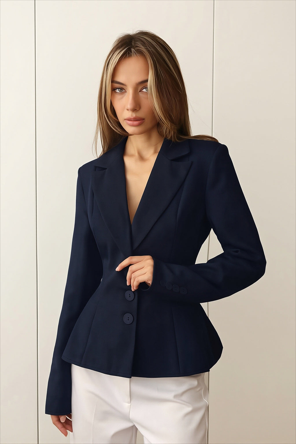 Three Button Sculpted Waist Long Sleeve Tailored Coat