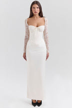 Long Sleeve Lace Satin Maxi Dress