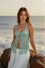 Sequin Chiffon Mesh Halter Backless Sheer Top