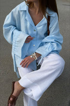 Tie Cuff Oversized Blue Long Sleeve Blouse