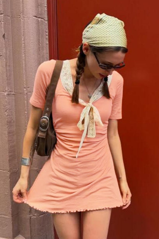 Lace Trim Contrast Ruched Drawstring Slim Lace Dress Main image