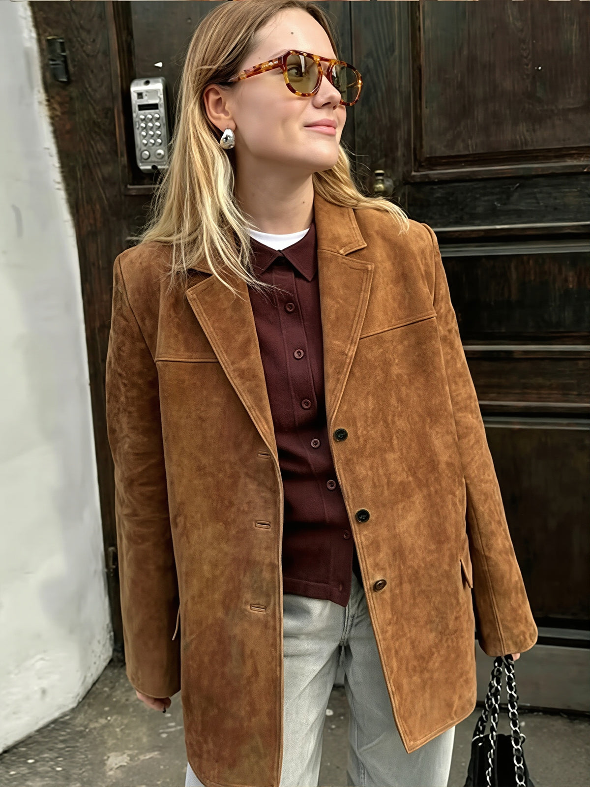 Suede Look Notch Lapel Button Front Coat