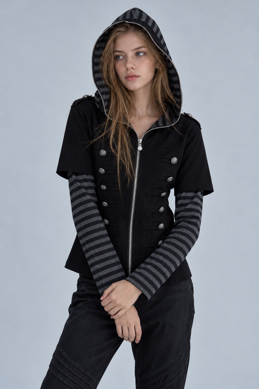 Button Front Layered Stripe Hoodies