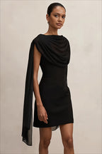 Draped Cape Sleeve Asymmetric Bodycon Mini Dress