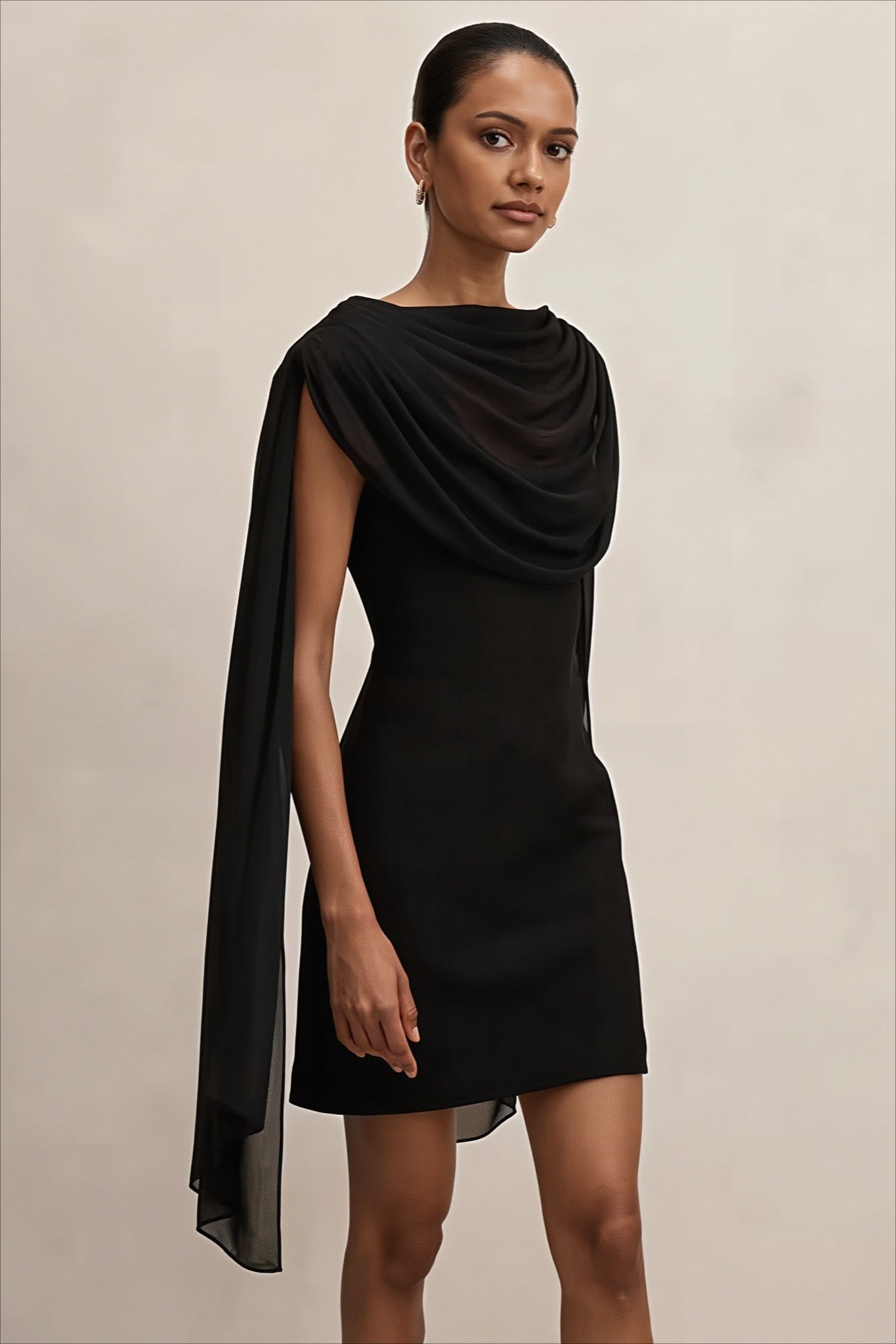 Draped Cape Sleeve Asymmetric Bodycon Mini Dress