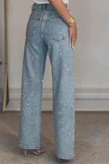 High Waist Crystal Embellished Washed Straight Jeans