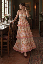 Fashion Tiered Spaghetti Strap Tassel Cutout Waist Embroidered Maxi Dress